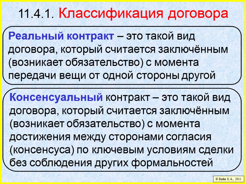 11.4.1. Классификация договора © Вайн Е.А., 2011 Реальный контракт – это такой вид договора,